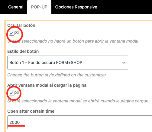 Añadir ajustes en una ventana Pop Up