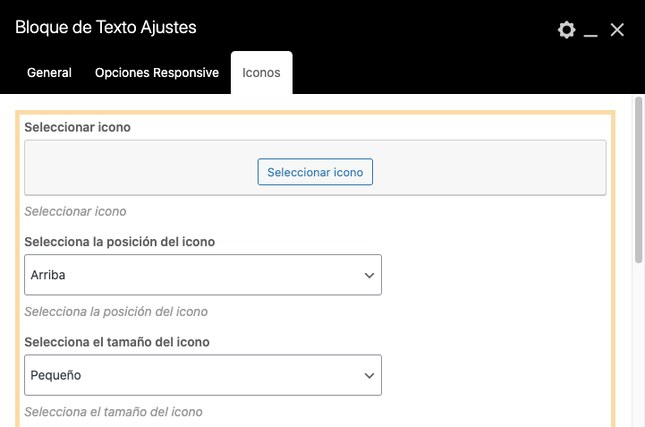Bloque de texto ajustes icono