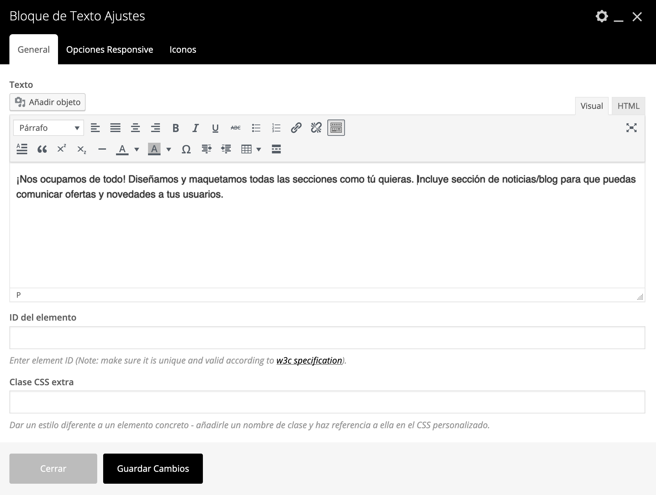 Bloque de texto ajustes