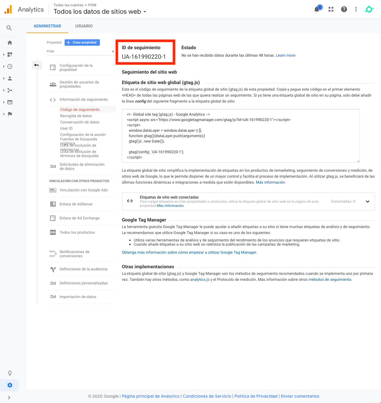 Código que necesitamos para hacer el seguimiento de nuestra web