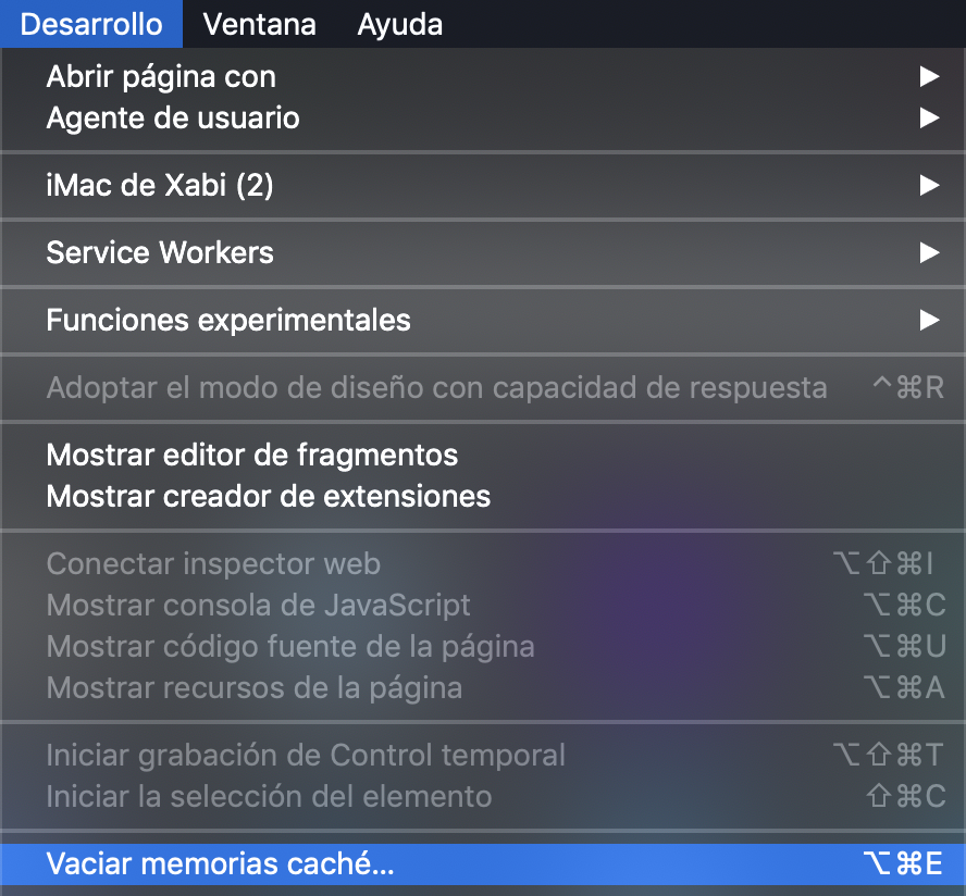 Desarrolo > Vaciar memorias caché
