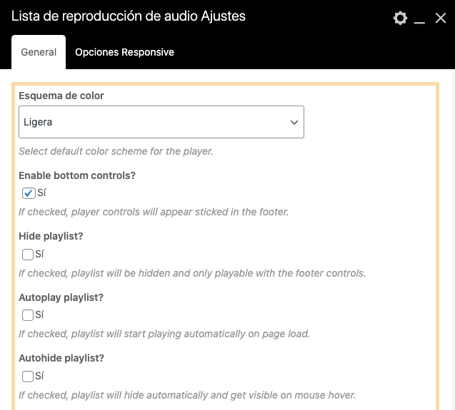 Lista de reproducción de audio ajustes