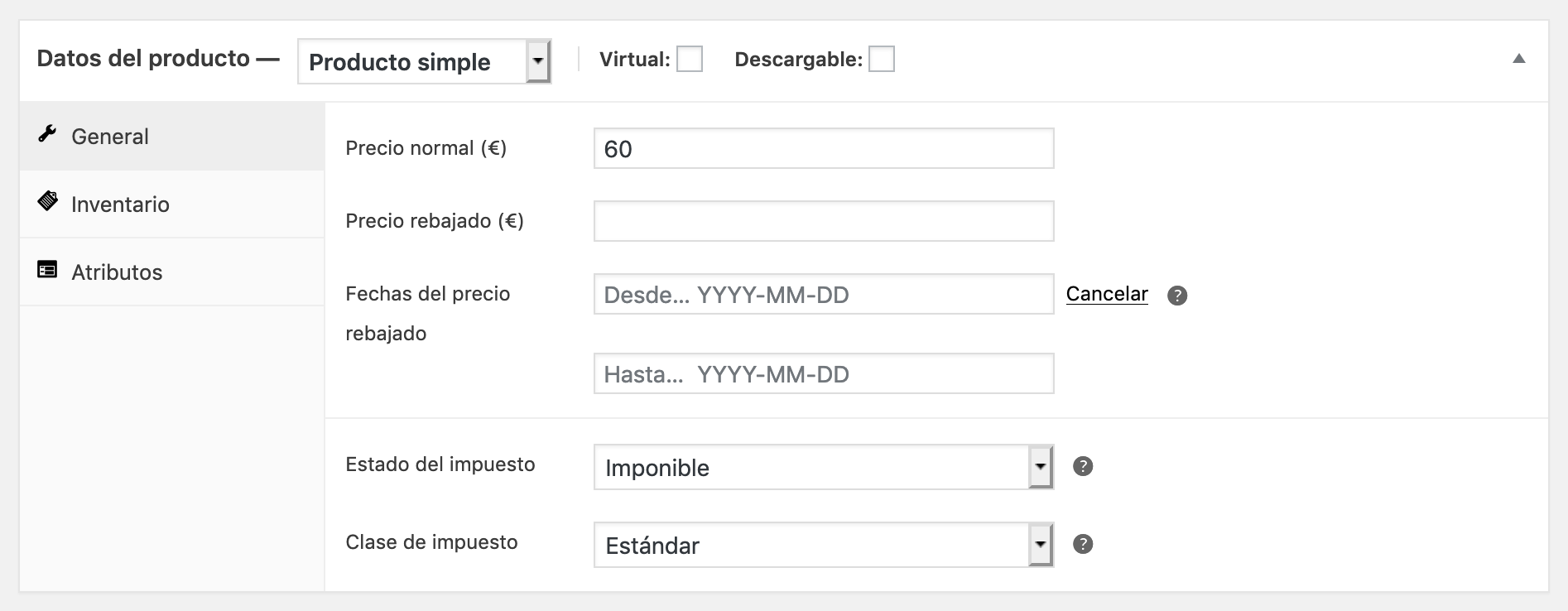 Tenemos la posibilidad de asignarle un tiempo al precio rebajado