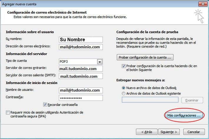 Ventana para la configuración de correo electronico de internet