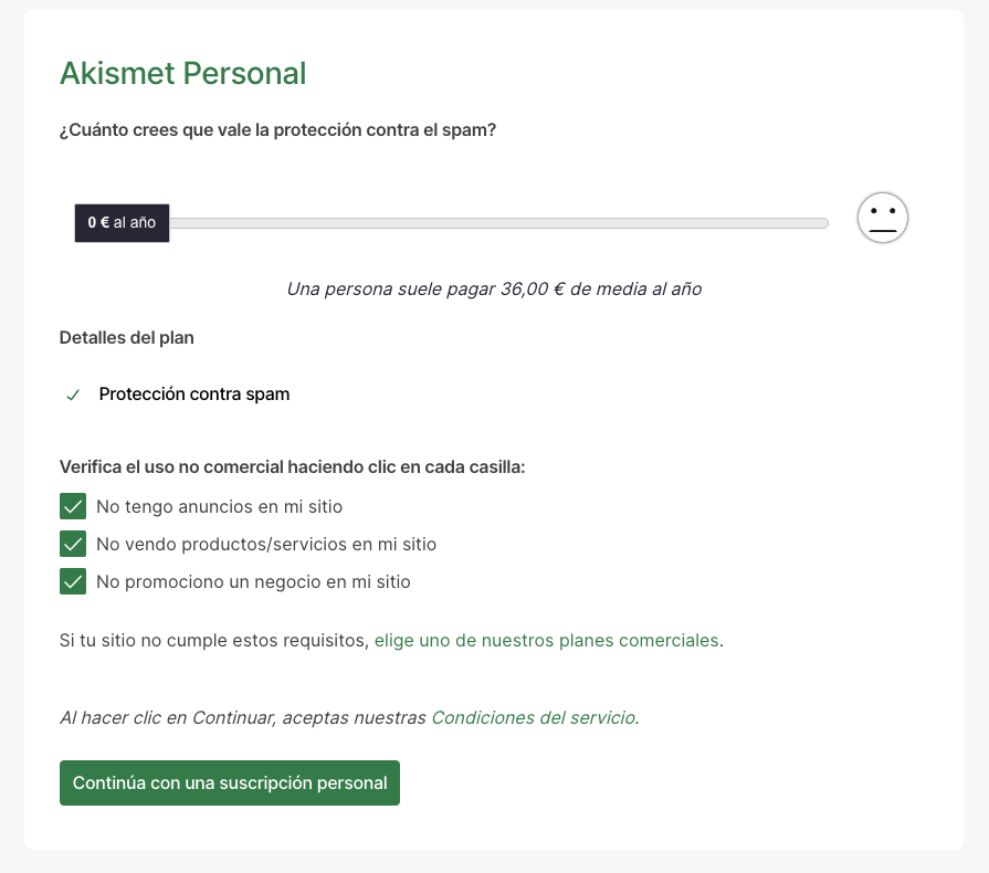 2 - Akismet - Establecer precio a pagar