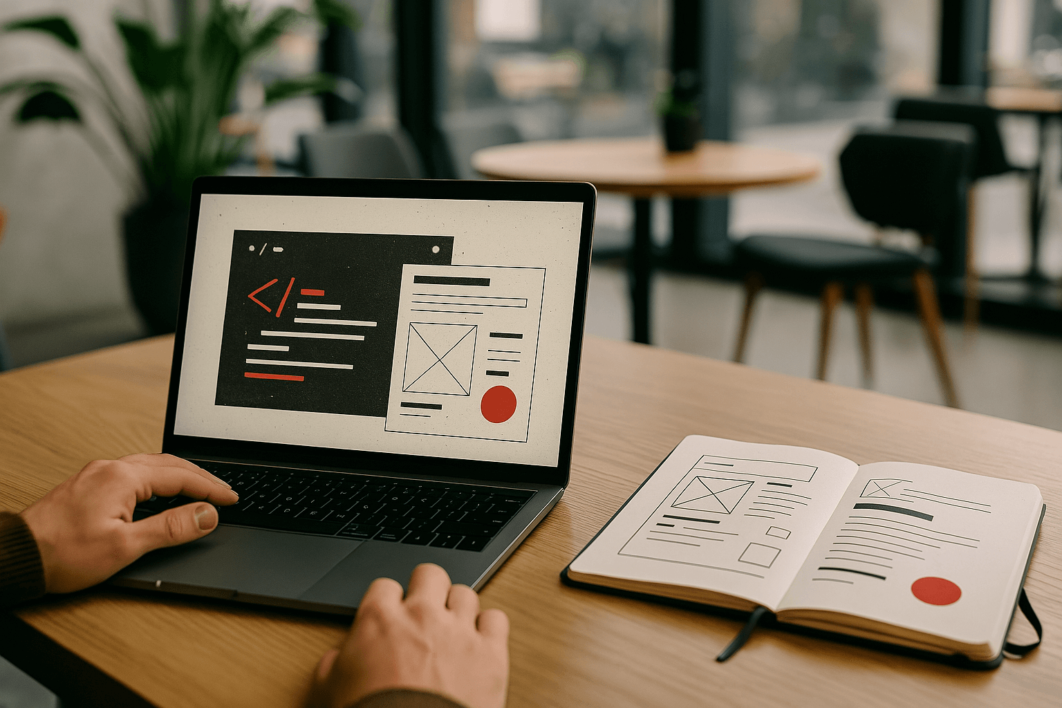 Laptop displaying wireframe-style code and a sketch notebook on a wooden coworking table.