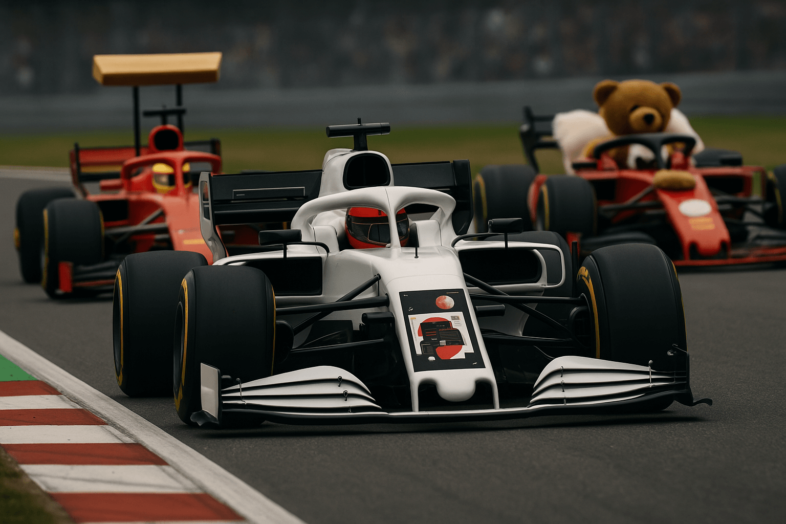 Three Formula 1 cars racing, with the lead car sleek and streamlined and others overloaded with ridiculous add-ons, representing plugin performance issues.
