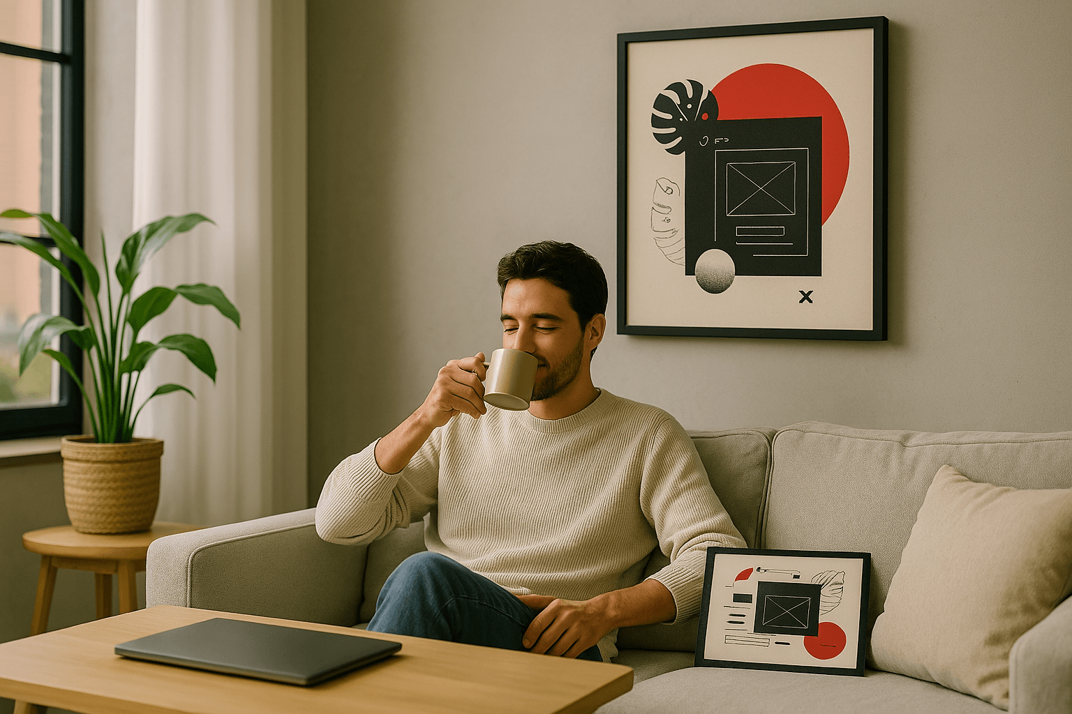 Man enjoying coffee in a bright living room with a laptop closed and abstract framed art on the wall, symbolizing Pomatio’s seamless and calming experience.