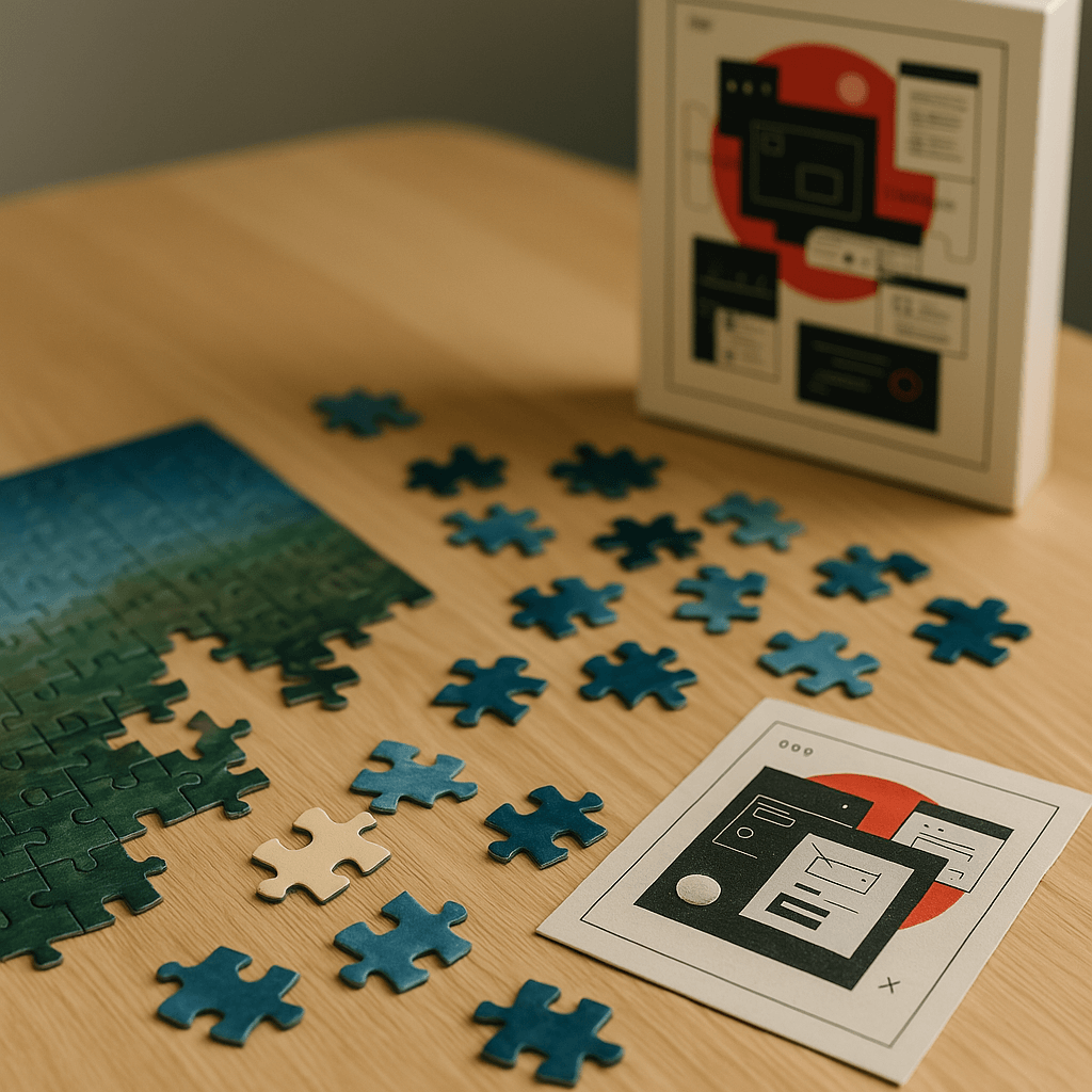 Half-completed puzzle on wooden table with one wrong piece misaligning others, representing plugin incompatibility in Pomatio.