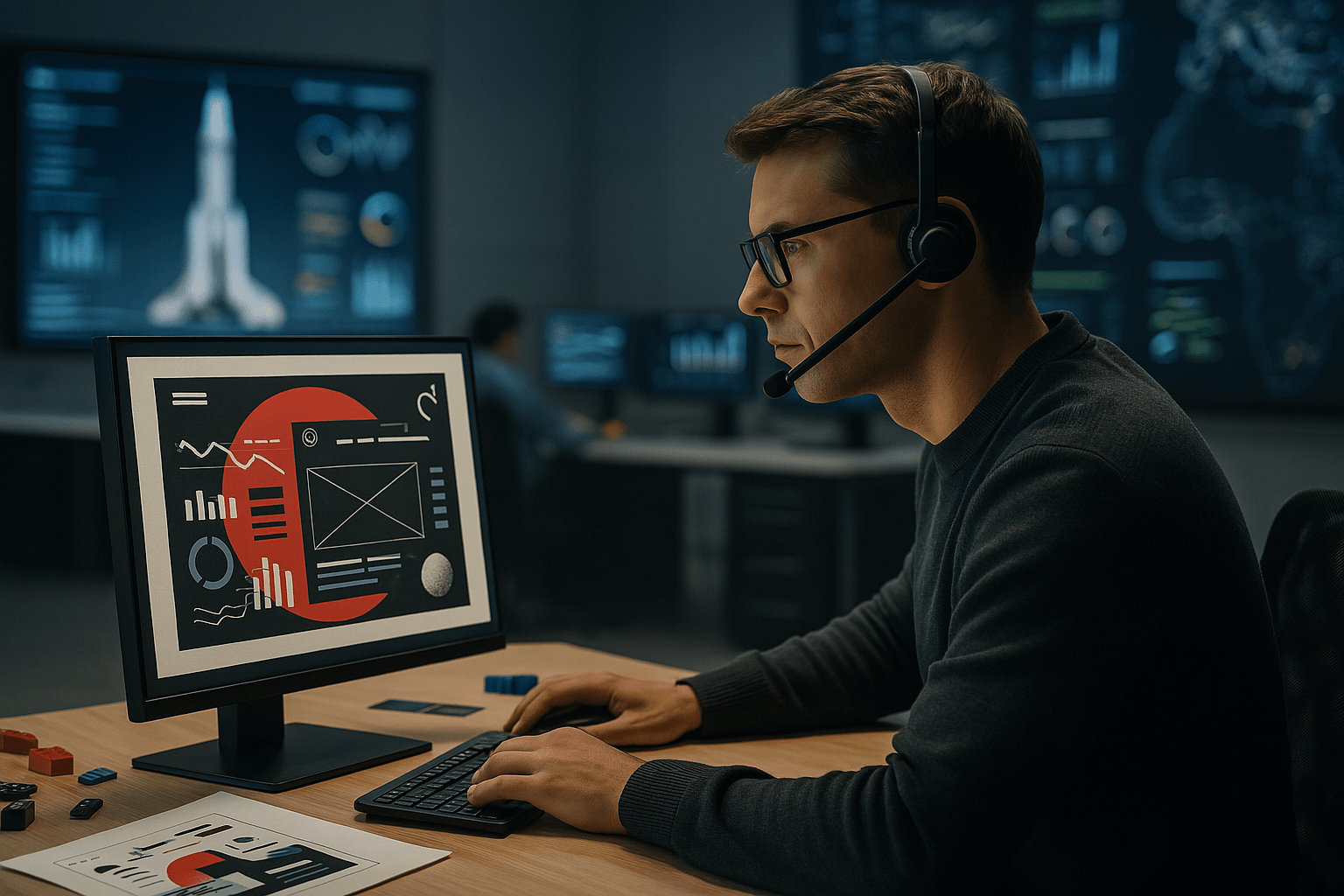Engineer analyzing a schematic in a modern aerospace control room, representing Pomatio’s rigorous plugin approval process.
