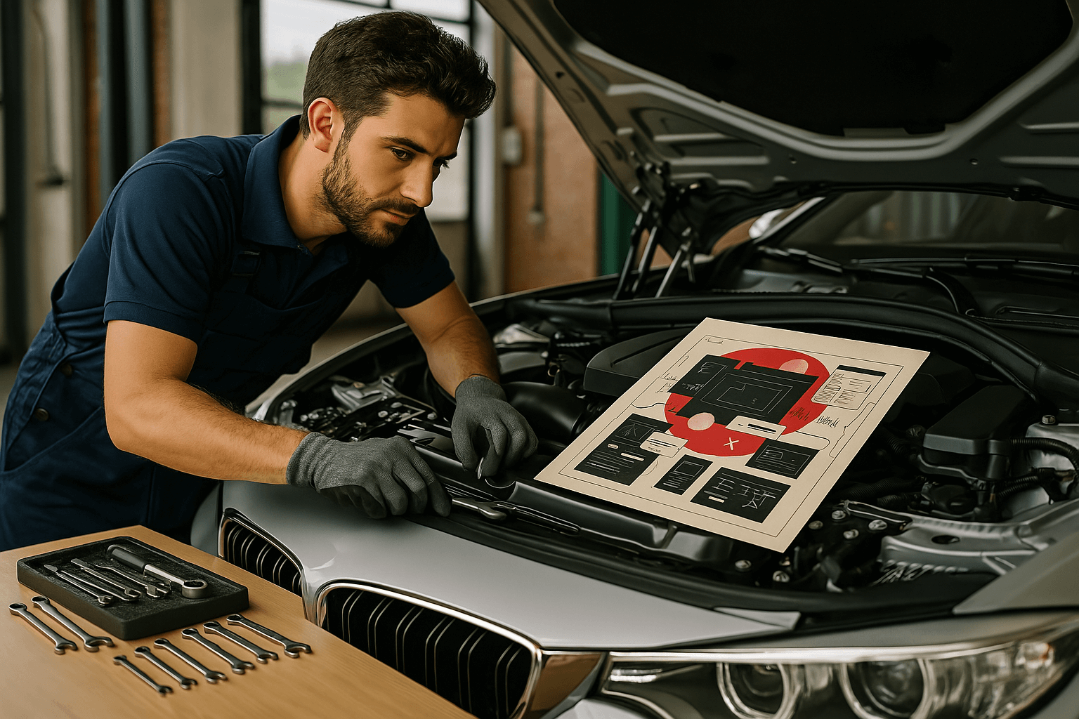 Mechanic working on a silver sports car with a technical diagram on the hood, representing Pomatio’s controlled plugin system.