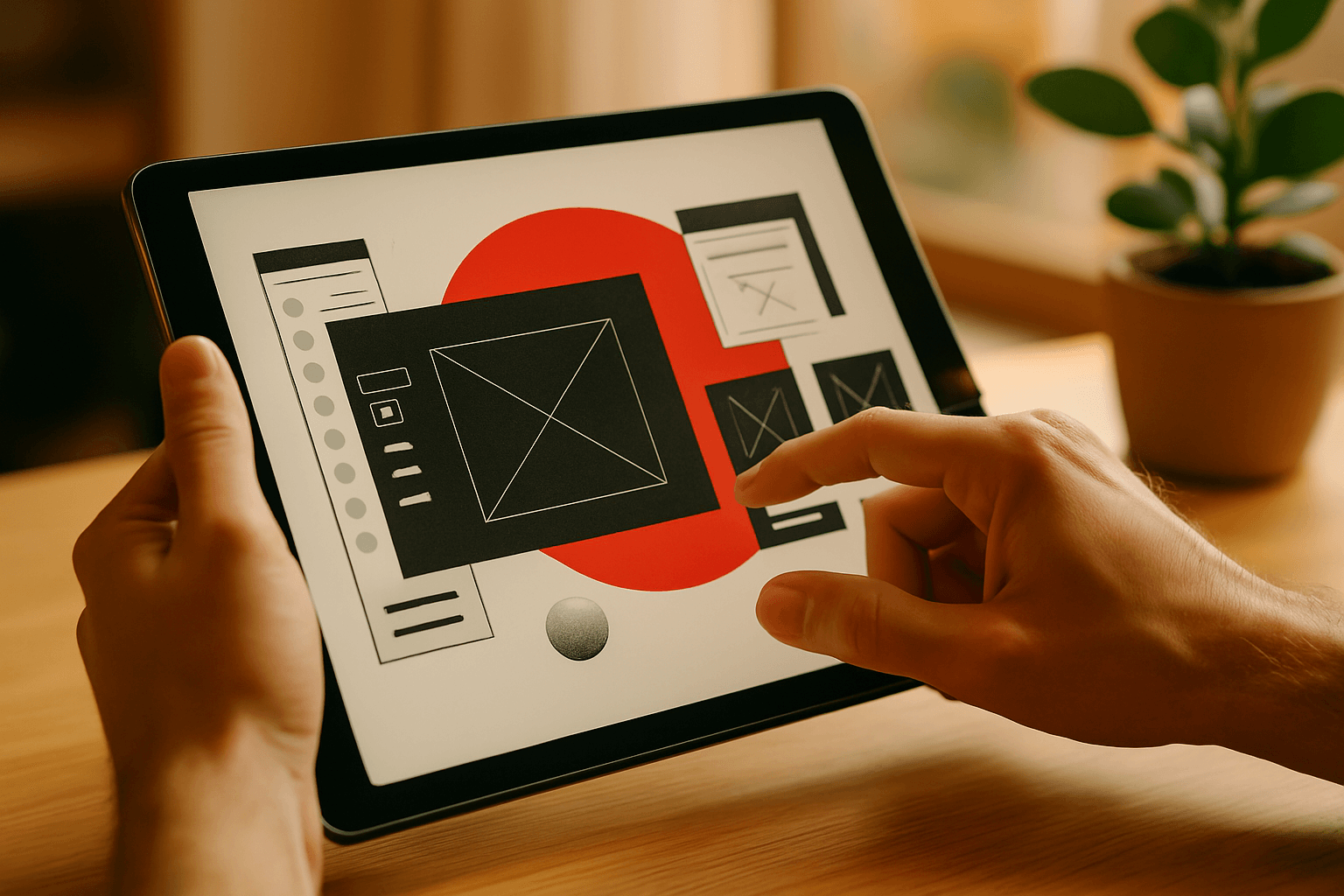 Person using a tablet to build a page structure with Pomatio’s visual drag & drop editor.