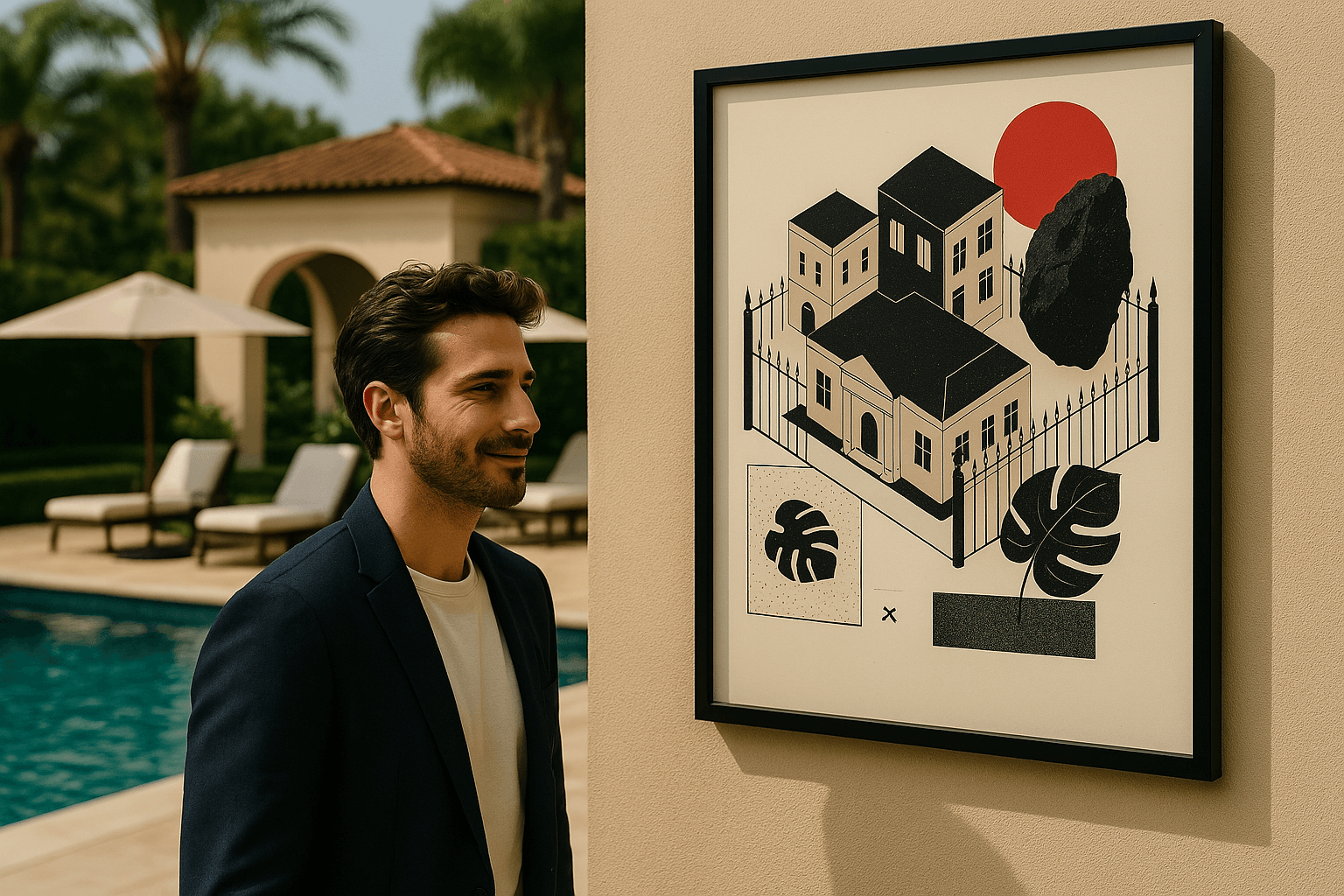 Outdoor scene at a private club with a man standing next to a framed illustration, representing Pomatio’s exclusive and secure website management environment.