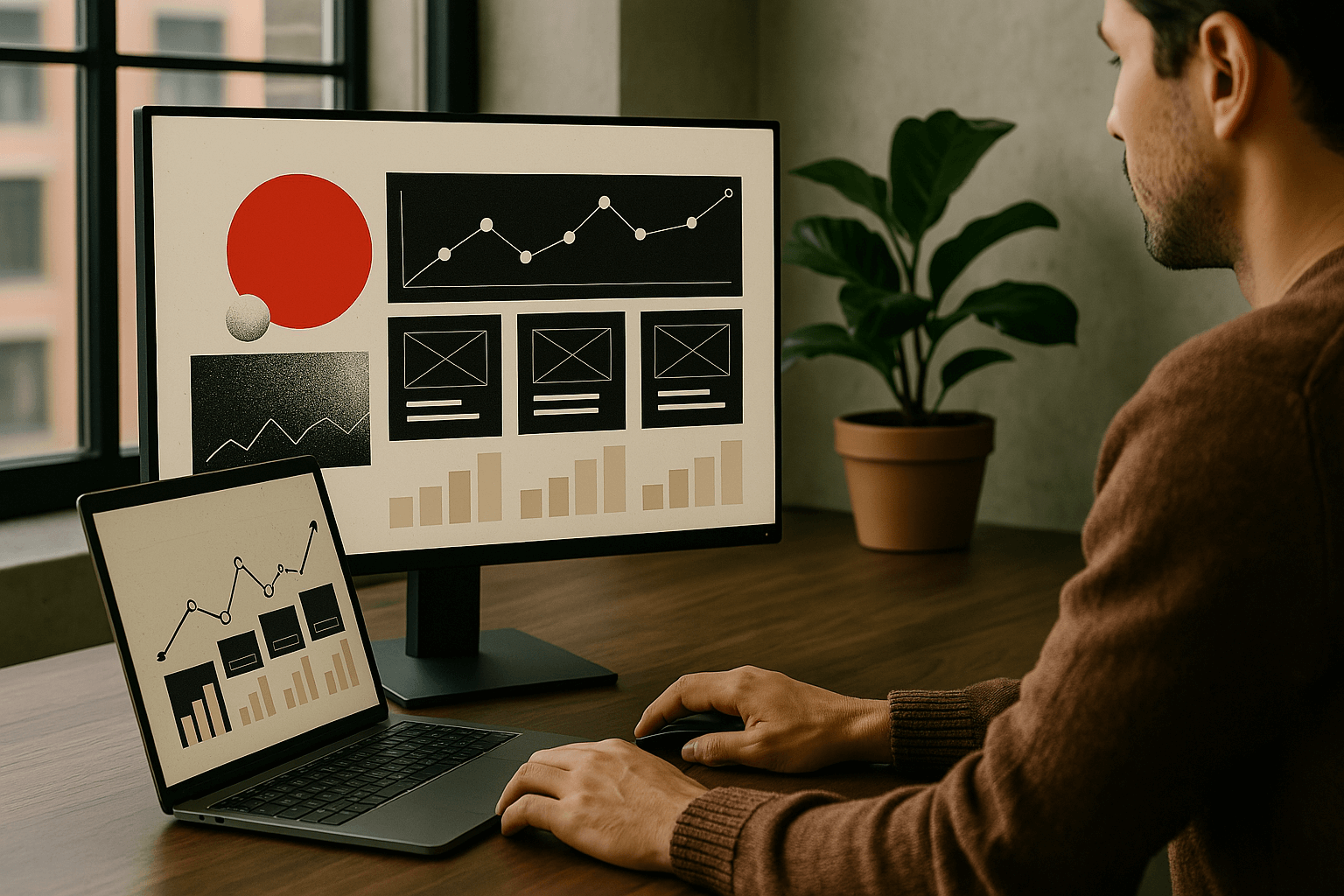 Professional reviewing consistent website performance metrics in a modern workspace.