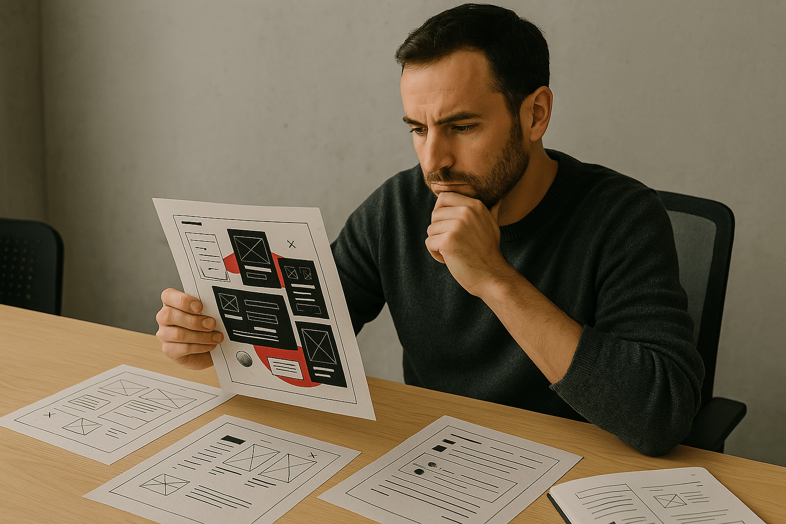 Professional analyzing a wireframe-style plugin review document in a clean, neutral workspace.