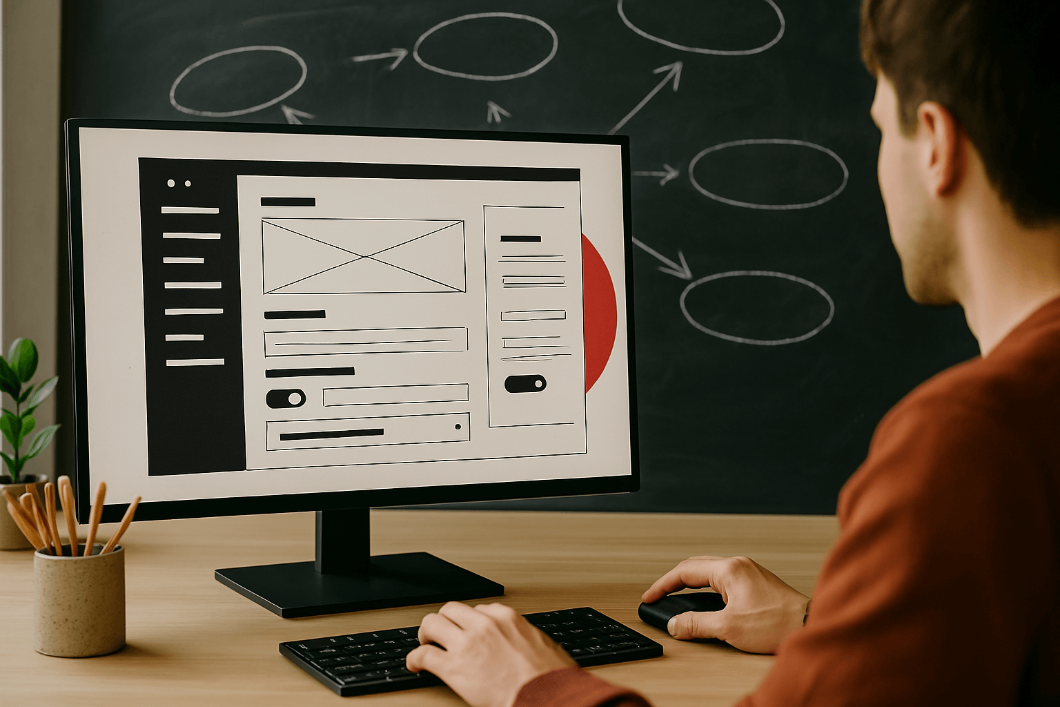 SEO dashboard on a large screen with a workspace and a strategy diagram on the background wall.