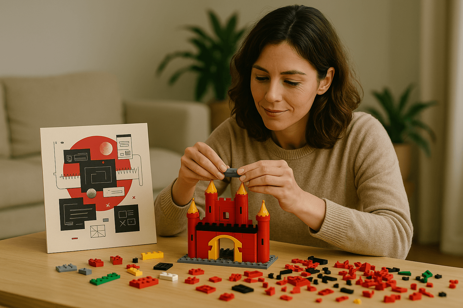 Why Pomatio Restricts WordPress Plugins – Visual Metaphor with LEGO Castle Woman building a structured LEGO castle with organized and chaotic pieces on a wooden table, representing Pomatio plugin policy metaphor.