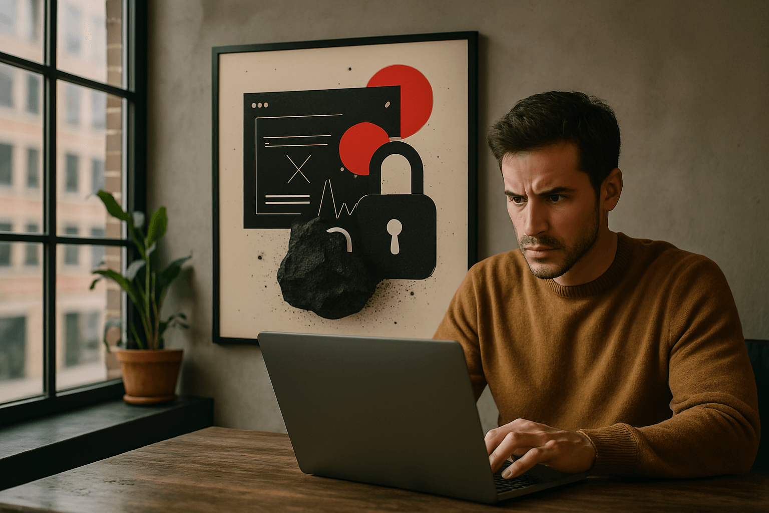 Concerned user at a computer with a poster showing cyberattack risks on traditional websites.